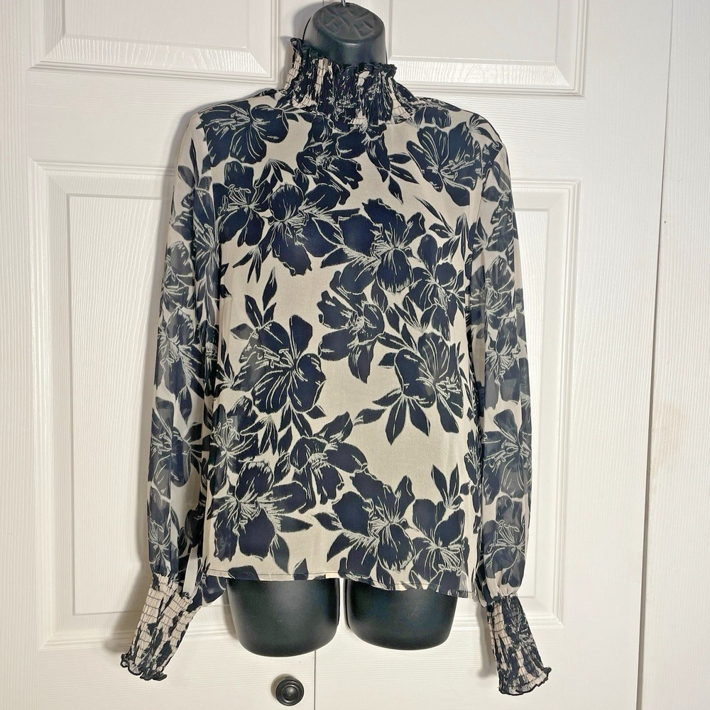 Mng Shirt Women‎ US 4 Beige Black Floral Sheer High Neck Whimsigoth Fairy Blouse